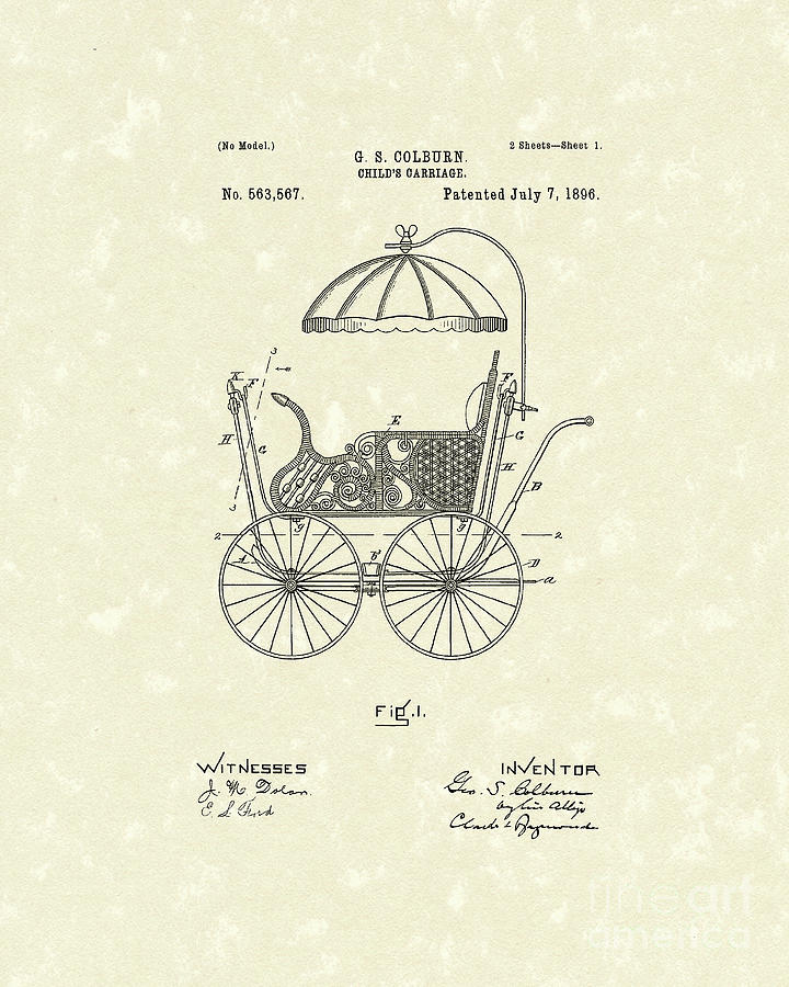 Childs Carriage 1896 Patent Art Drawing by Prior Art Design