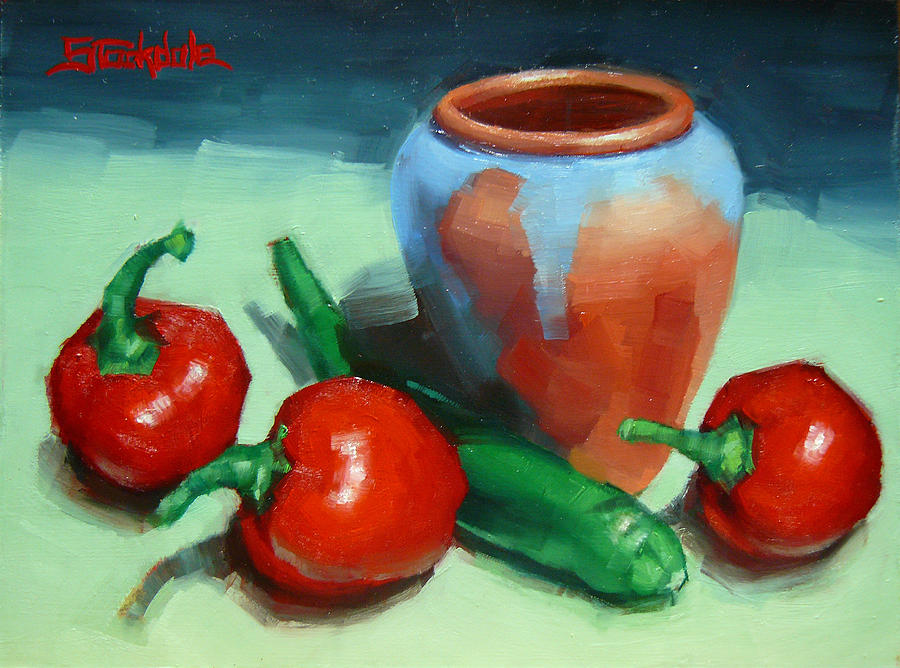 Chilli Peppers And Pot Painting by Margaret Stockdale