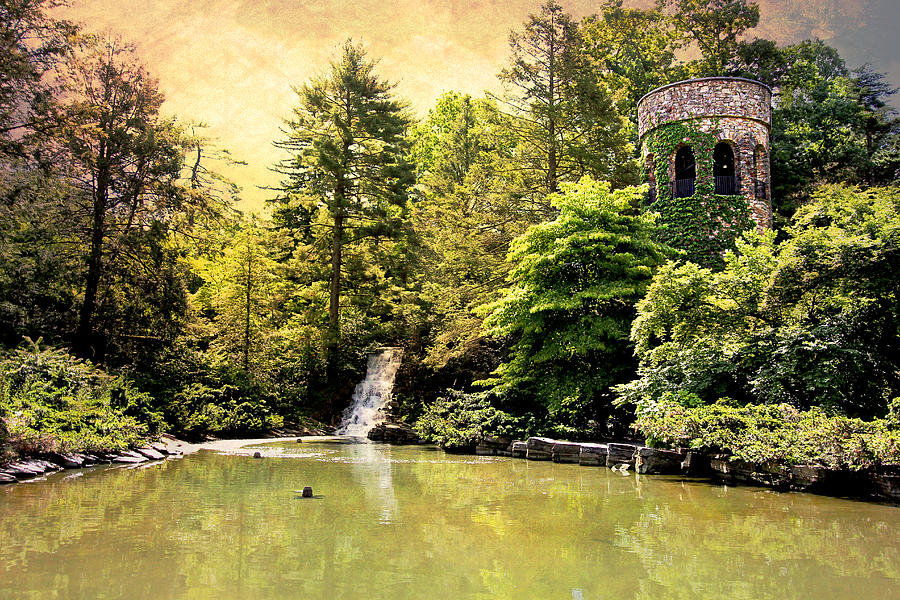 Chimes Tower and Waterfall Digital Art by Trina  Ansel