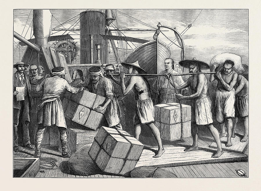 Vintage Drawing - China The Steamer Travancore Taking In Cargo At Singapore by Chinese School