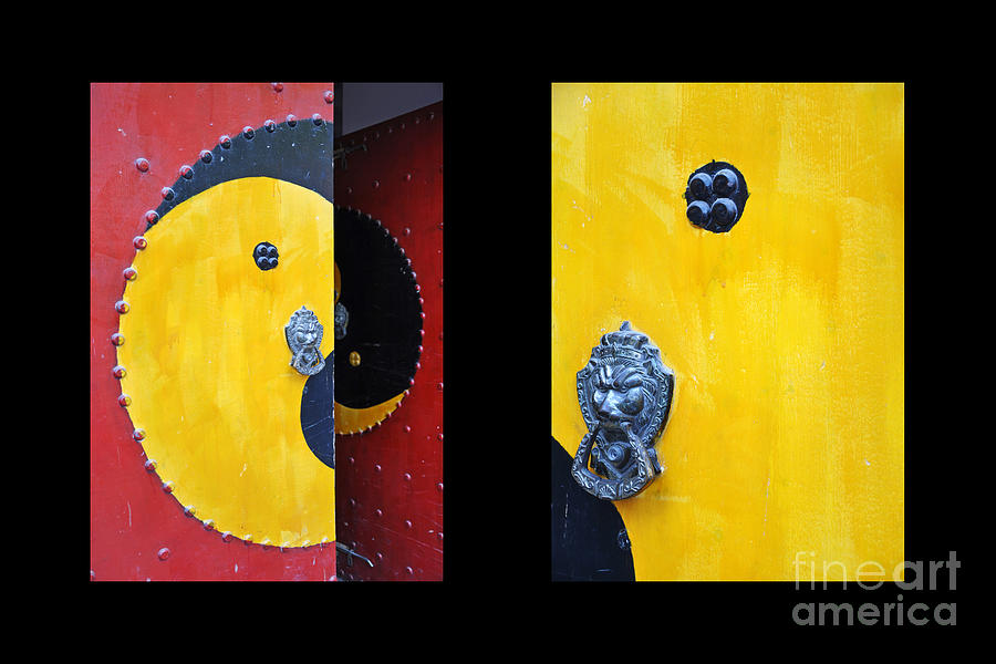 Architecture Photograph - Yellow and red chinese doors diptych by Delphimages Photo Creations