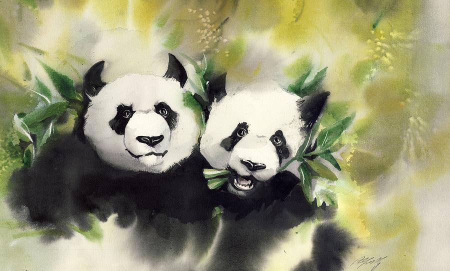 Watercolor Animal Painting - Chinese giant pandas by Alfred Ng