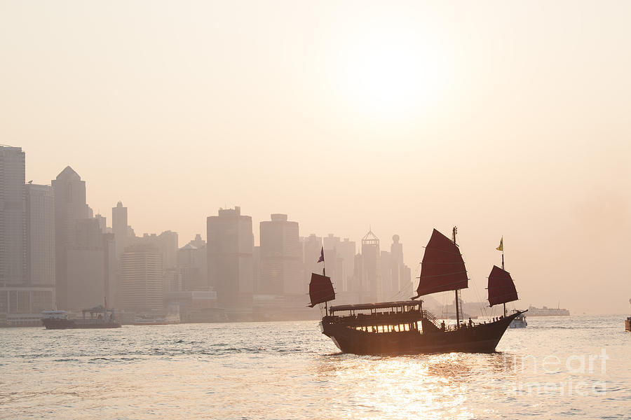 Chinese junk boat sailing in Hong Kong harbor Photograph by Matteo Colombo