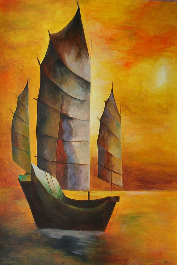 Chinese Junk In Ochre Painting by Taiche Acrylic Art
