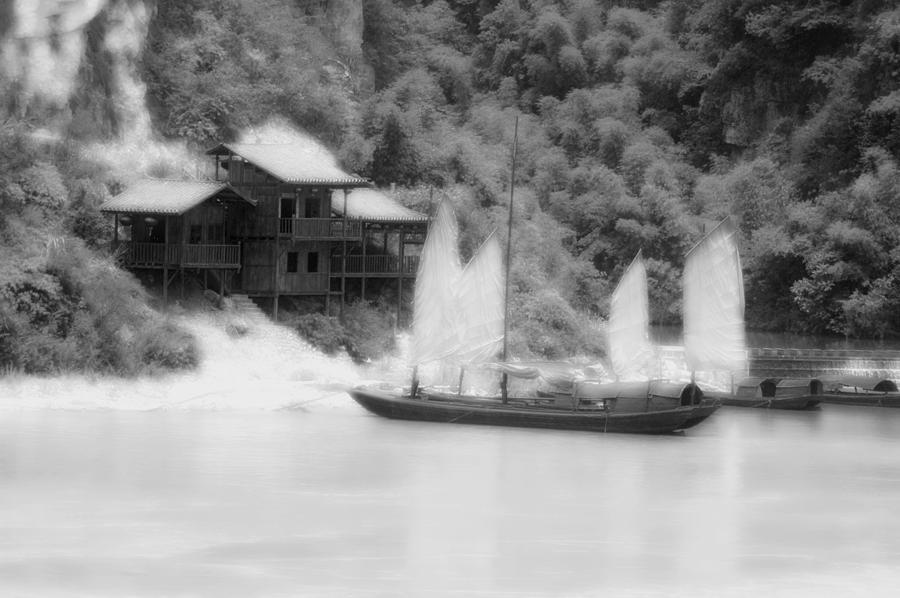 Chinese Junk Sailboat in Black and White Photograph by Tracy Winter