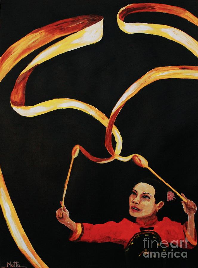 Chinese Ribbon Dancer Yellow Ribbon Painting by Cris Motta