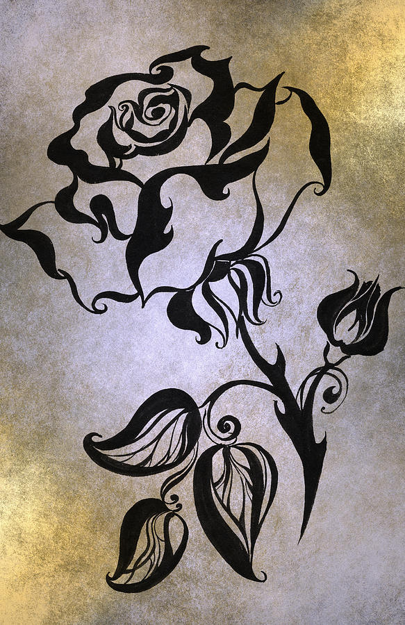 Chinese Rose. Golden Drawing by Jenny Rainbow