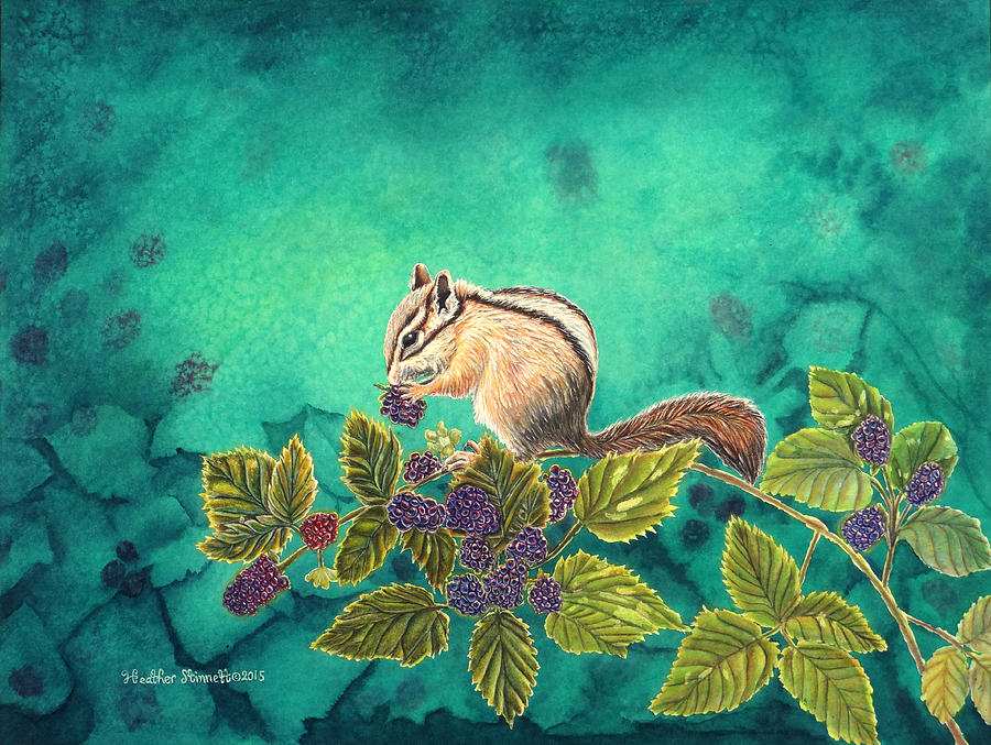 Squirrel Painting - Chipmunk in Blackberry Brambles by Heather Stinnett