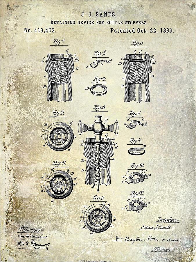 Wine Photograph - Champagne Retaining Device Patent Drawing 1889 by Jon Neidert