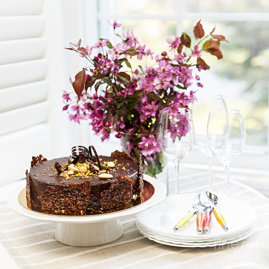Cake Photograph - Chocolate cake with flowers by Elena Elisseeva
