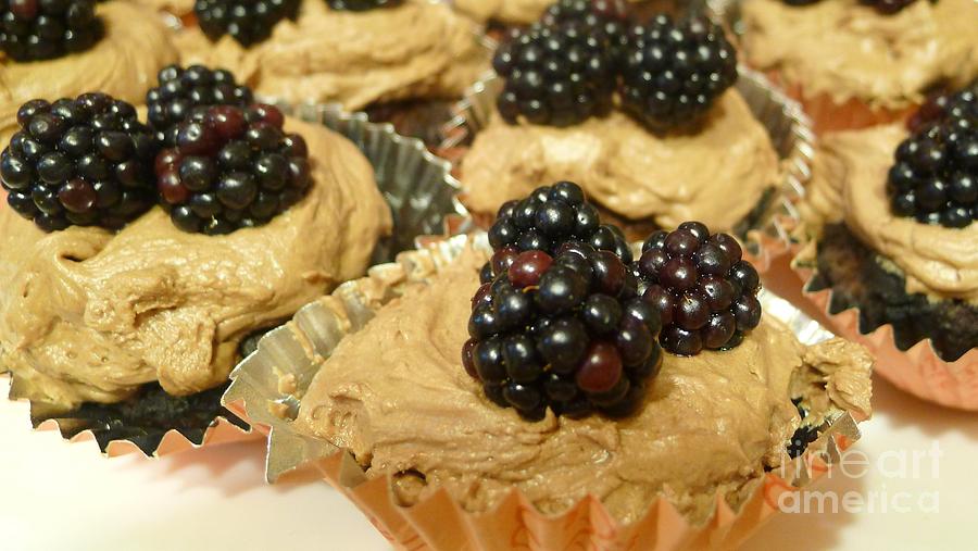 Chocolate cupcake and blackberries Photograph by Nora Boghossian