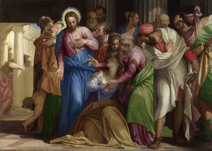 Christ addressing a Kneeling Woman Painting by Paolo Veronese