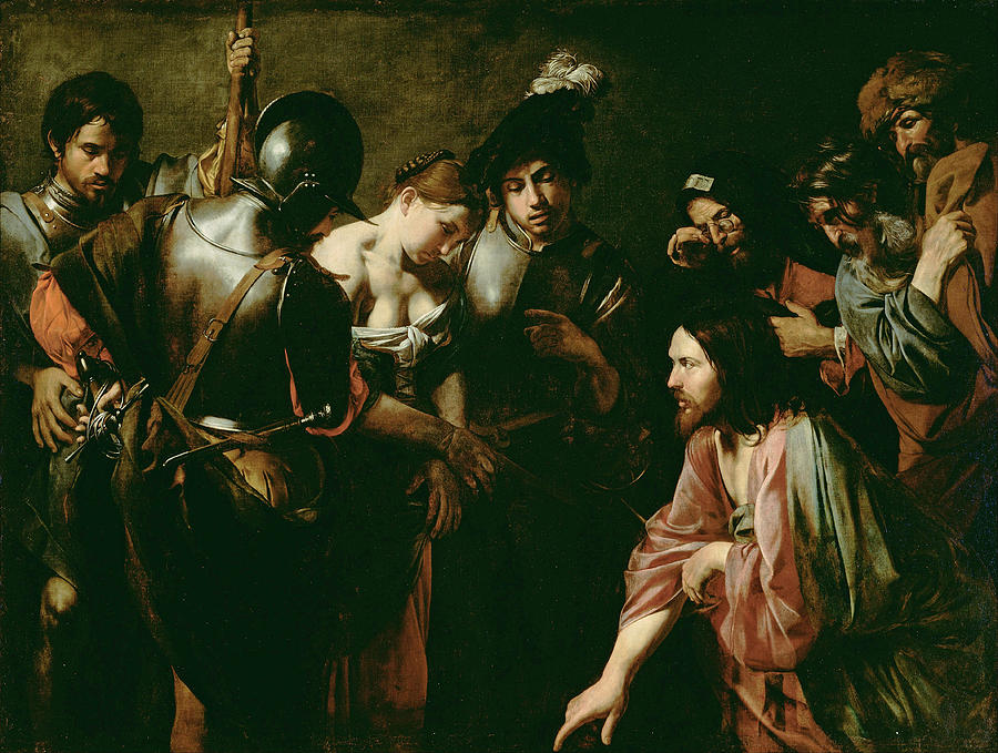 Valentin De Boulogne Painting - Christ and the Adulteress by Valentin de Boulogne