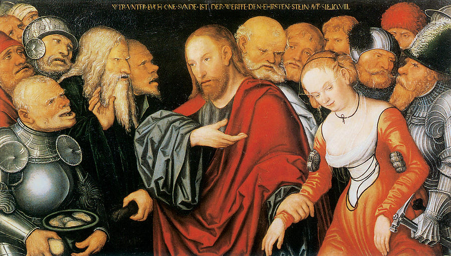 Jesus Christ Painting - Christ and the Woman Taken in Adultery  by Lucas Cranach the Younger