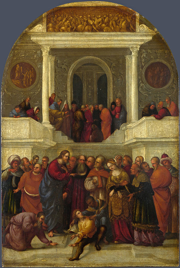 Christ and the Woman taken in Adultery Painting by Ludovico Mazzolino