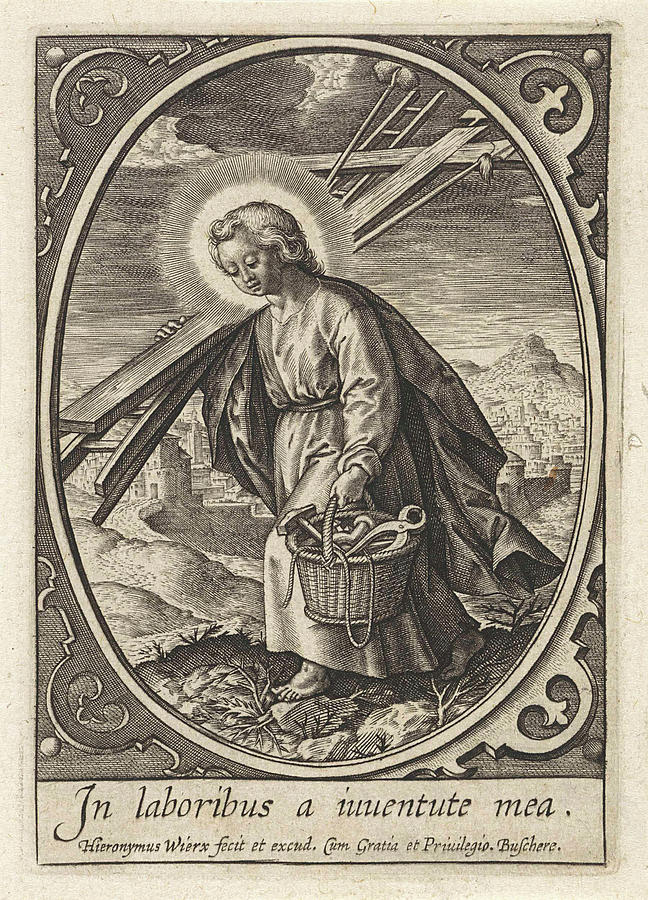 Basket Drawing - Christ Child Carries The Passion Equipment by Hieronymus Wierix