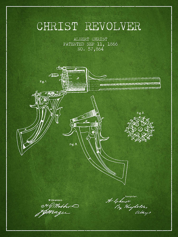Vintage Digital Art - Christ revolver Patent Drawing from 1866 - Green by Aged Pixel