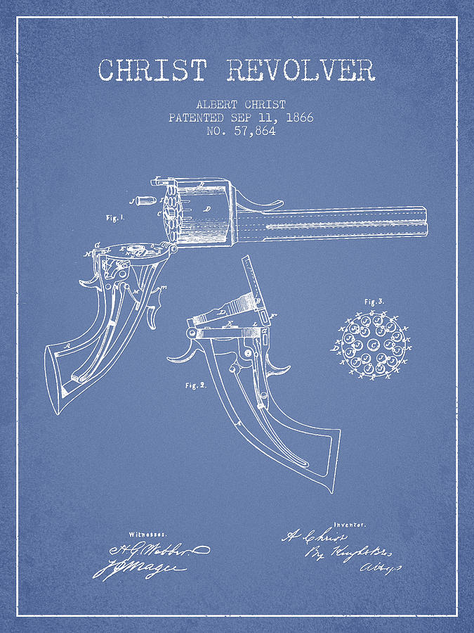 Vintage Digital Art - Christ revolver Patent Drawing from 1866 - Light Blue by Aged Pixel