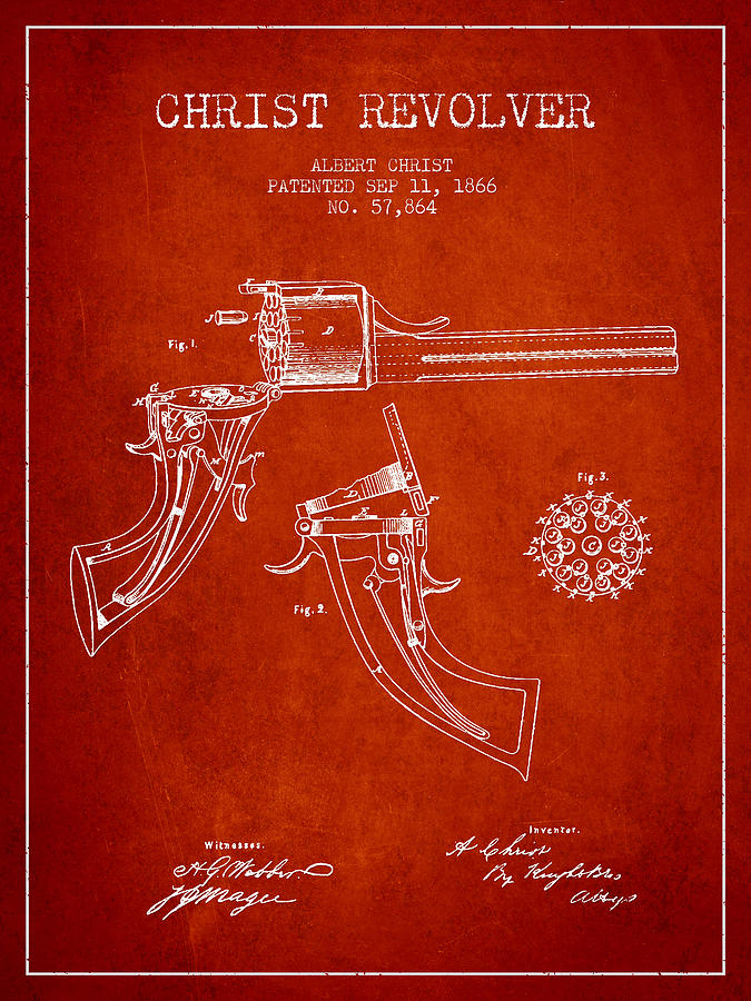 Christ Revolver Patent Drawing From 1866 - Red Digital Art