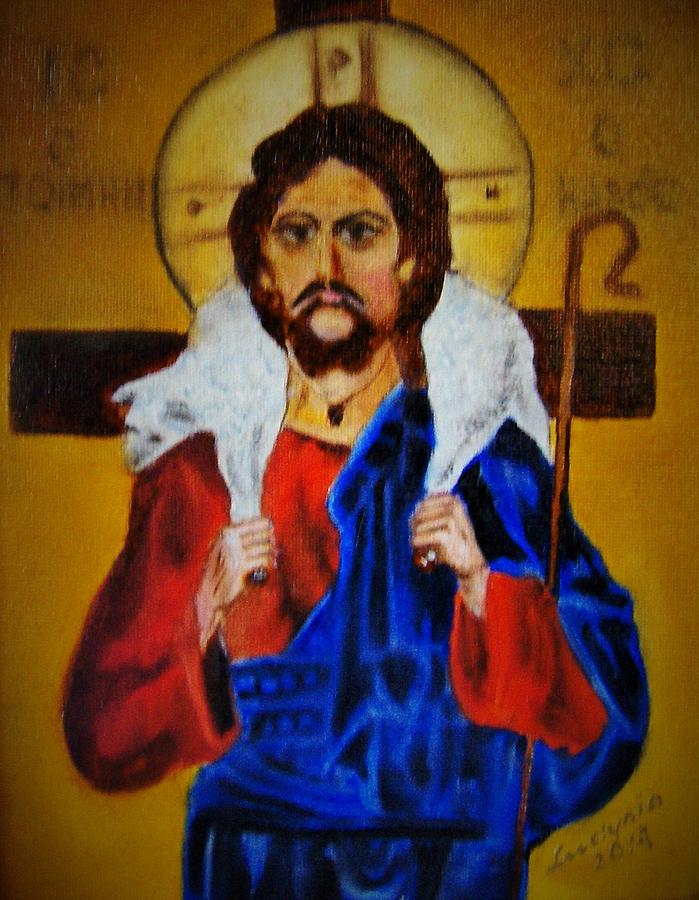 Christ With A Lamb Painting by Ryszard Ludynia