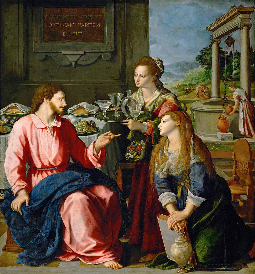 Religious Painting - Christ with Mary and Martha by Alessandro Allori