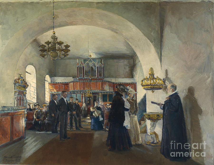 Christening in Stange Church Painting by Harriet Backer