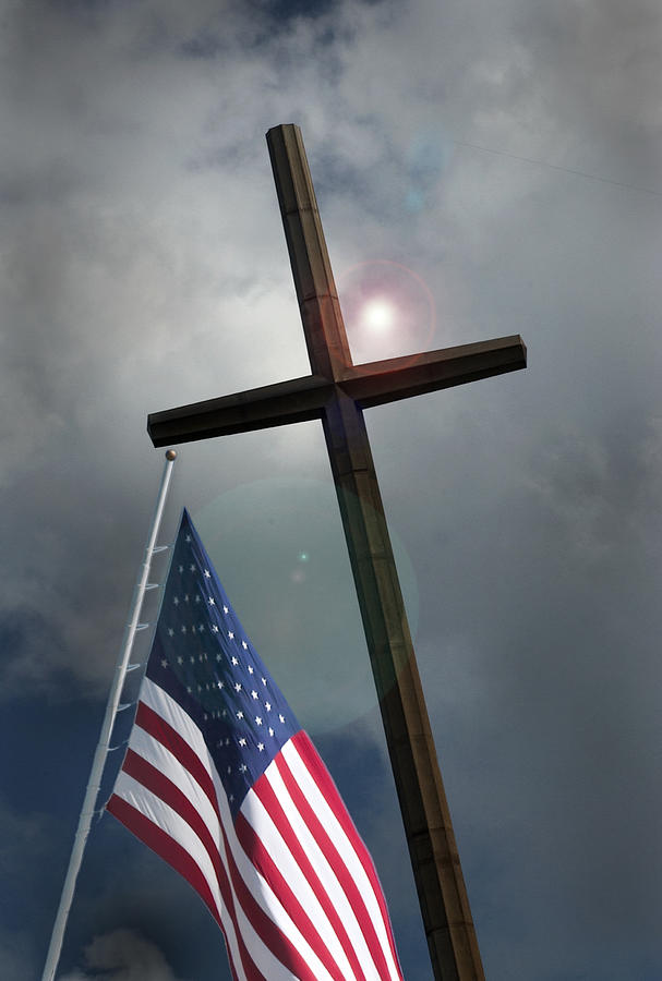 Christian Cross and US flag Photograph by Bob Pardue