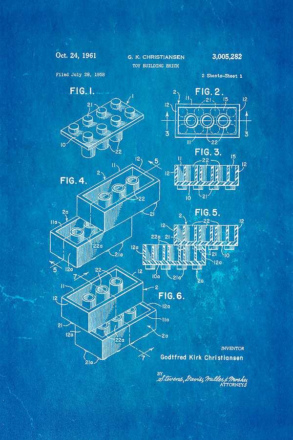 Construction Photograph - Christiansen Lego Toy Building Block Patent Art 2 1961 Blueprint by Ian Monk Construction Photograph - Christiansen Lego Toy Building Block Patent Art 2 1961 Blueprint by Ian Monk