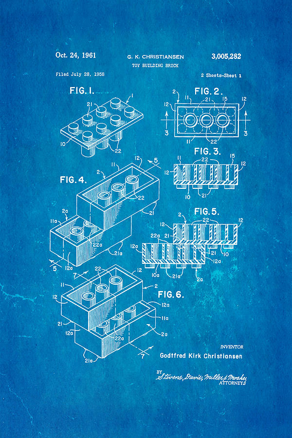 Toy Photograph - Christiansen Lego Toy Building Block Patent Art 2 1961 Blueprint by Ian Monk