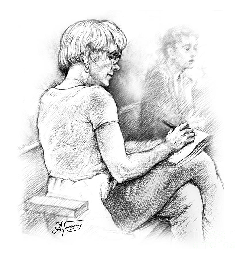 Christie Blatchford in Court Drawing by Alex Tavshunsky