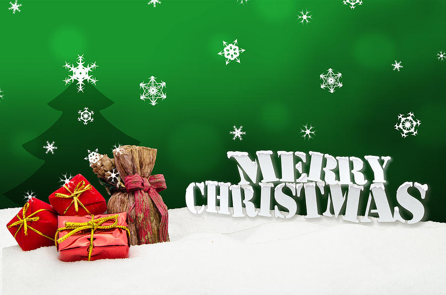 Christmas Background - Christmas Tree - Gifts - Green - Snow Photograph