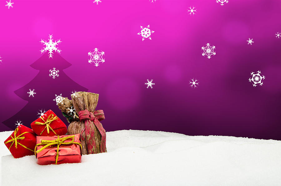 Christmas Background - Christmas Tree - Gifts - Pink - Snow Photograph