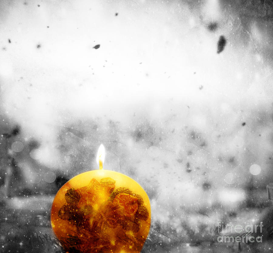Winter Photograph - Christmas ball candle lights on winter background by Michal Bednarek