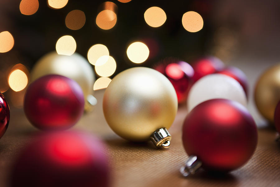 Christmas baubles on table. Photograph by Betsie Van der Meer