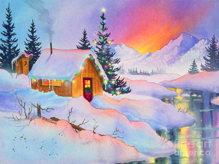 Christmas Cabin Painting by Teresa Ascone