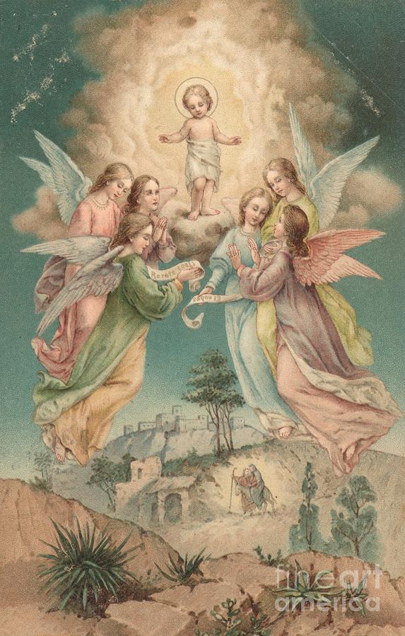Christmas Painting - Vintage Christmas card with Angels and Christ child by English School