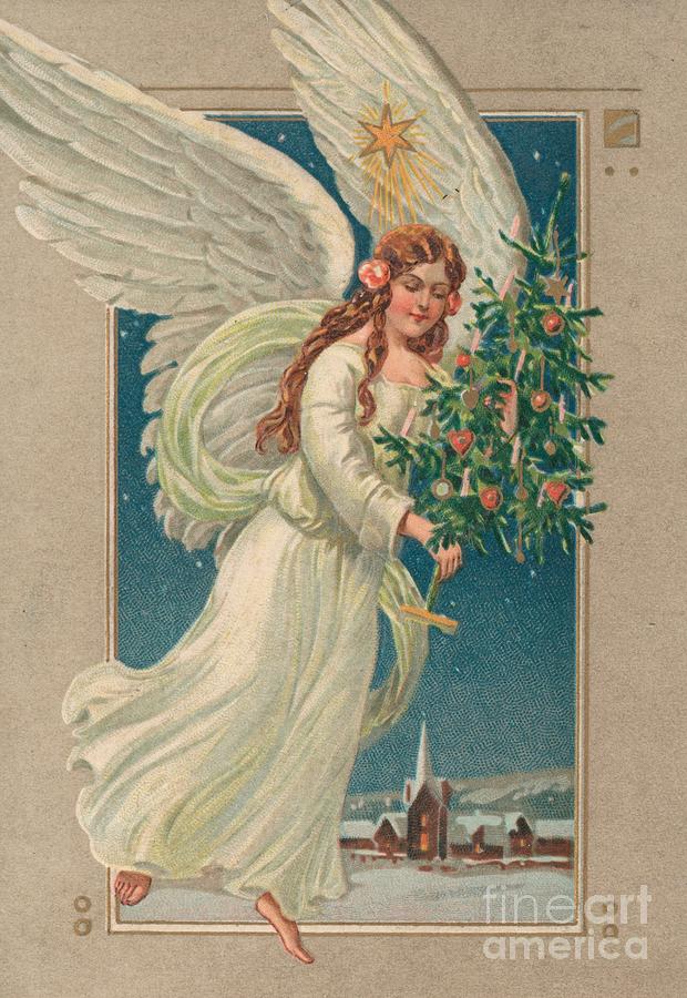 Christmas Painting - Antique Christmas card with an Angel, lithograph by German School