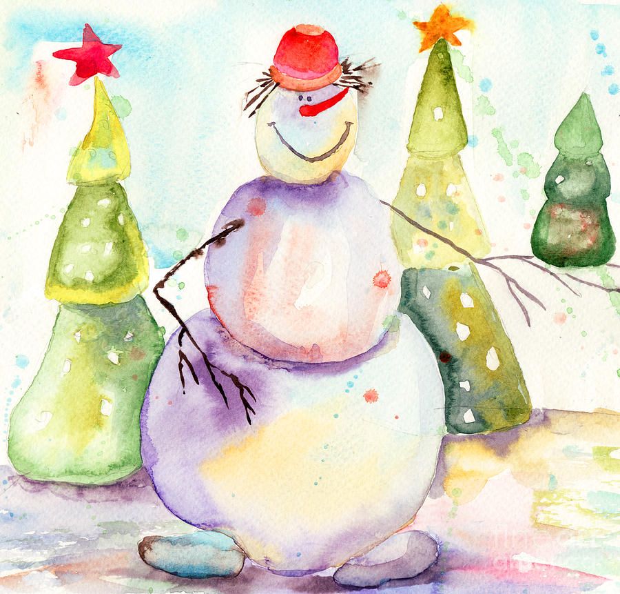 Christmas card with snowman Painting by Regina Jershova