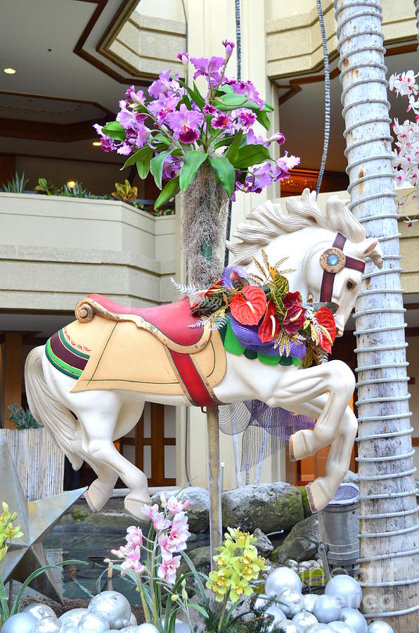 Christmas Carousel White Horse Photograph by Mary Deal