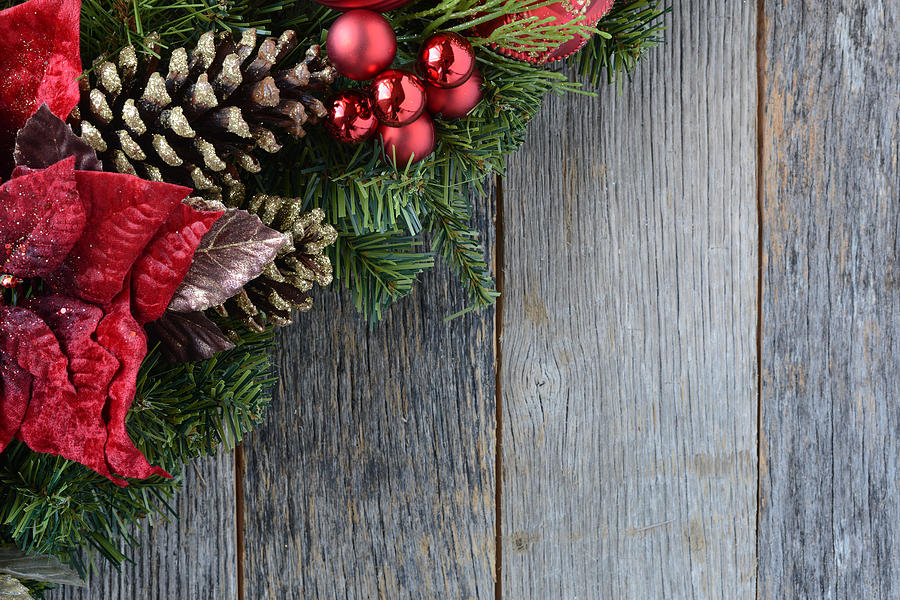 Nature Photograph - Christmas Decoration Over Wooden Background by Brandon Bourdages