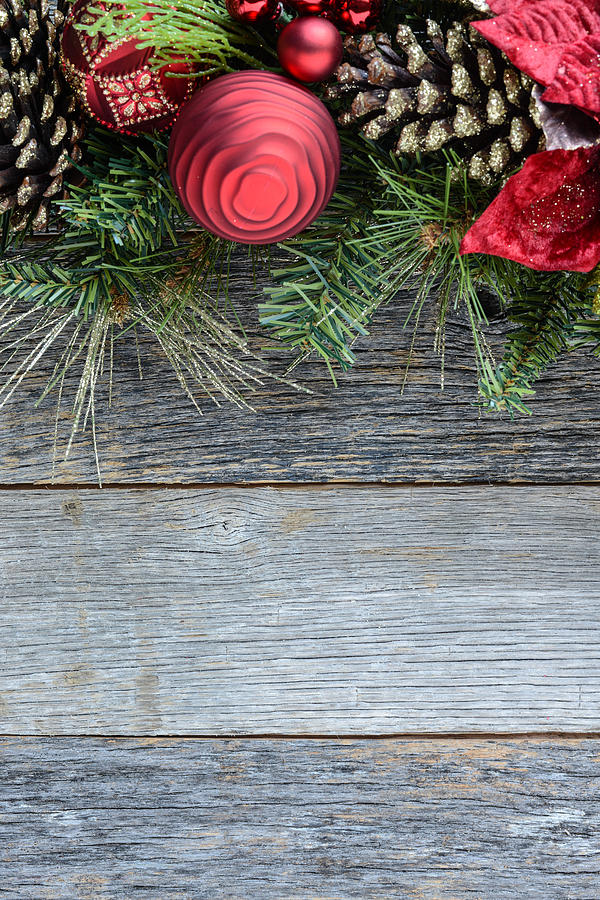 Nature Photograph - Christmas Decoration Over Wooden Background. Decorations over Ru by Brandon Bourdages
