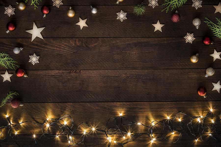 Christmas decoration with copy space on a rustic wooden table Photograph by Carlosgaw