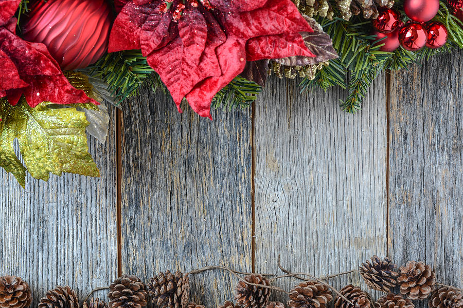 Nature Photograph - Christmas Decoration with Over Wooden Background. Decorations ov by Brandon Bourdages