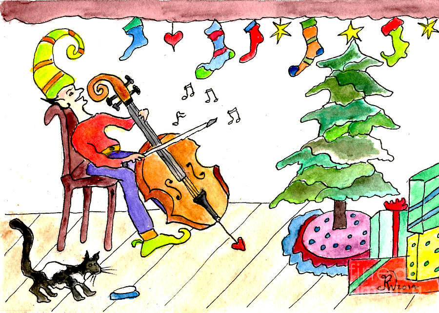 Christmas Elf on Cello Painting by Paula Joy Welter