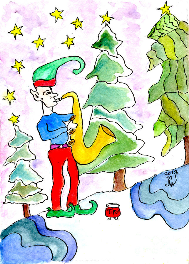 Christmas Elf Riffing on Saxophone Painting by Paula Joy Welter