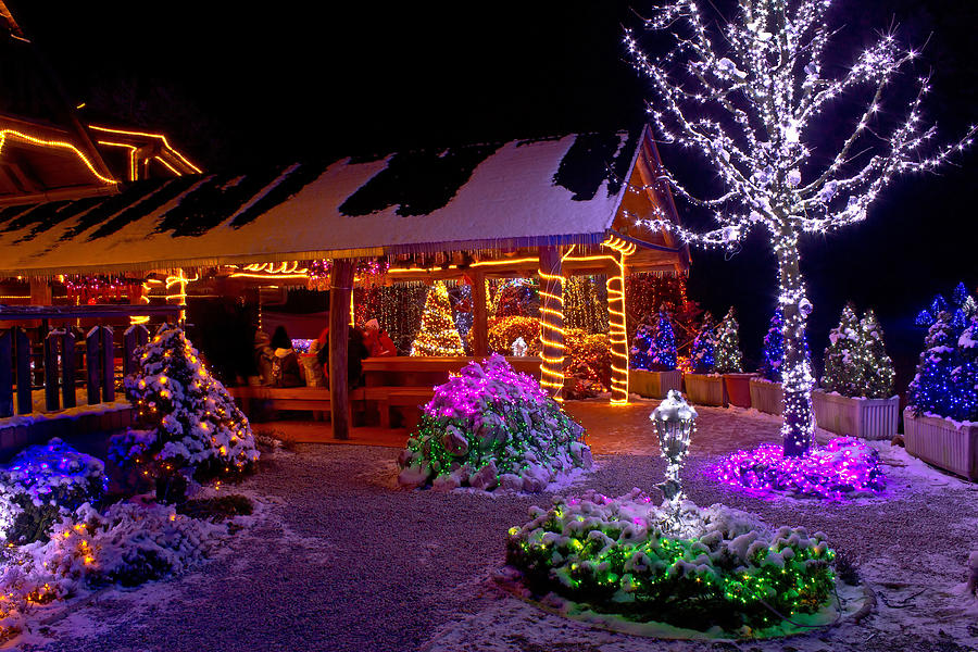 Christmas fantasy lodge and tree lights Mixed Media by Brch Photography