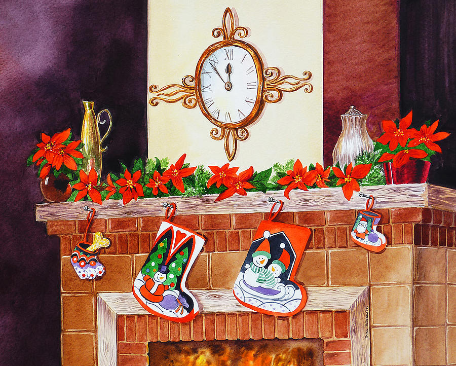 Christmas Fireplace Time For Holidays Painting by Irina Sztukowski