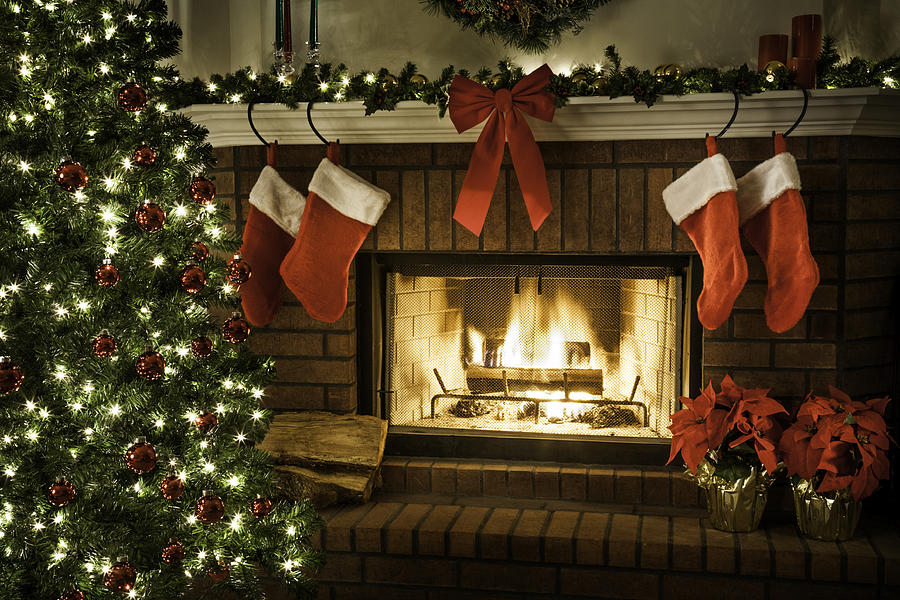 Christmas fireplace, tree, and decorations Photograph by Dszc