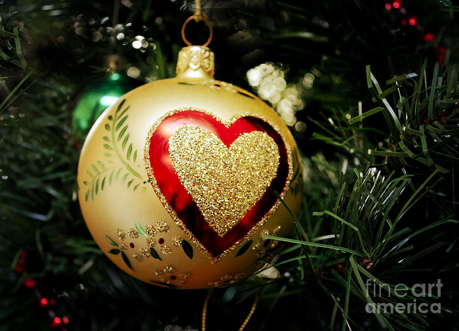 Christmas Gold Ball with Heart Photograph by Maria Janicki