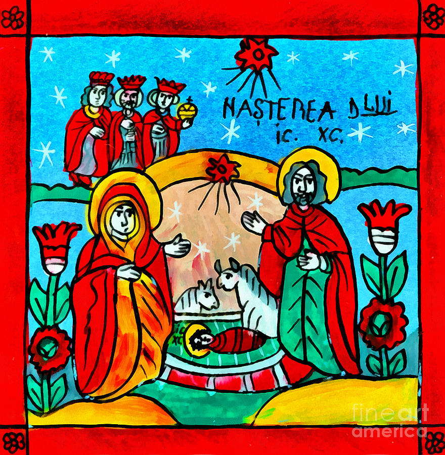 Christmas Mixed Media - Christmas Icon Religious Naive Folk Art Nativity  #1 by Daliana Pacuraru